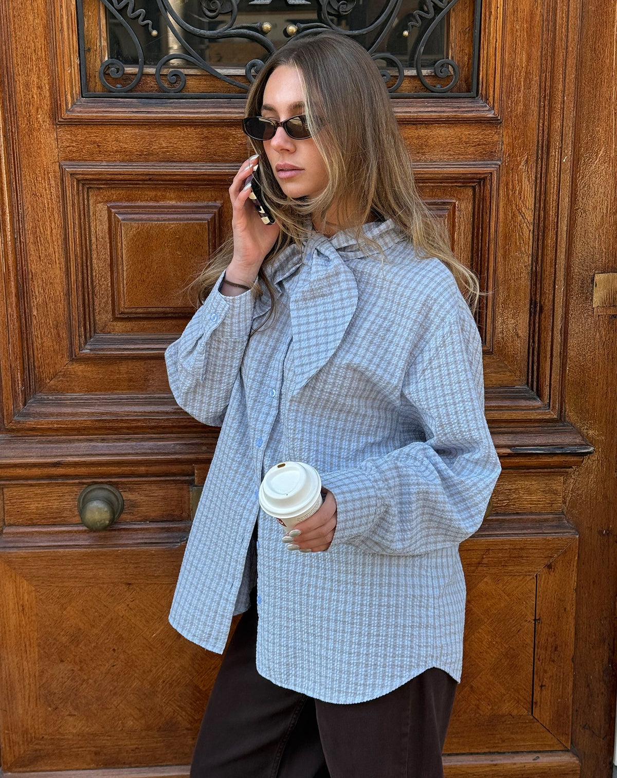 CHECK BOW BLOUSE LICHTBLAUW