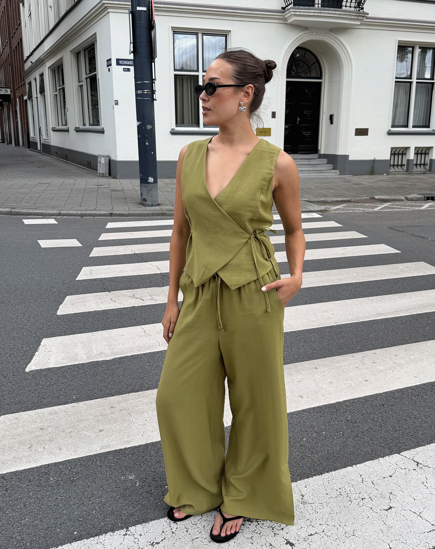 DAVINA VISCOSE SLIT PANTS OLIJFGROEN