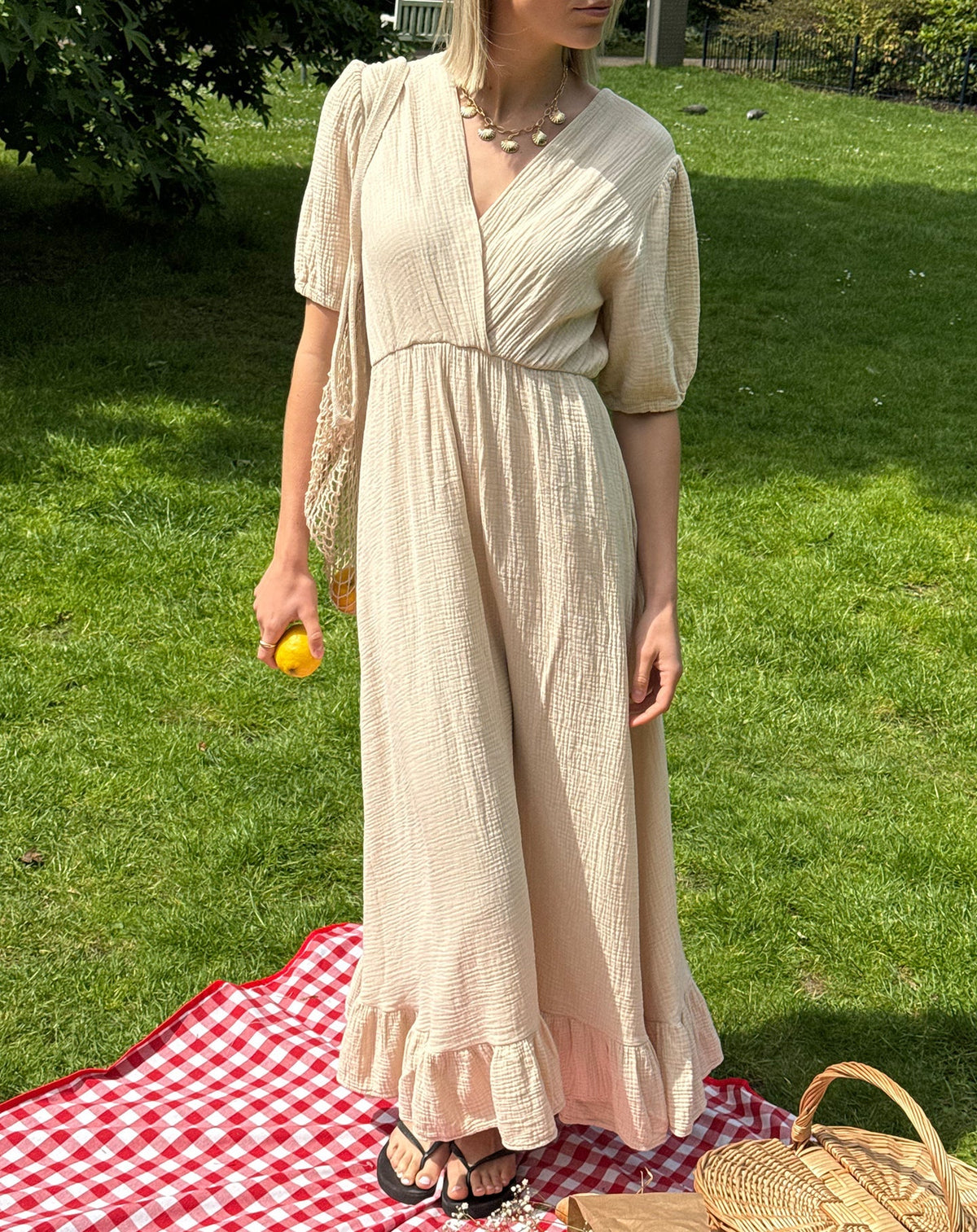 MOUSSELINE MAXI SHORT SLEEVE DRESS ZAND
