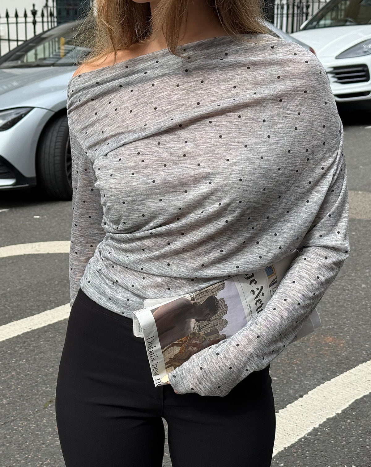 CLEA OFF SHOULDER DOT TOP GRIJS MELANGE