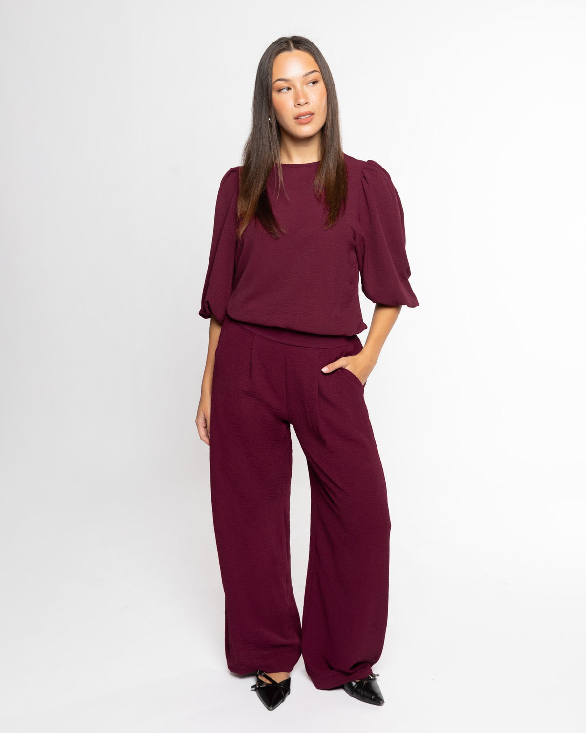 JULIE PUFF SLEEVE TOP BURGUNDY