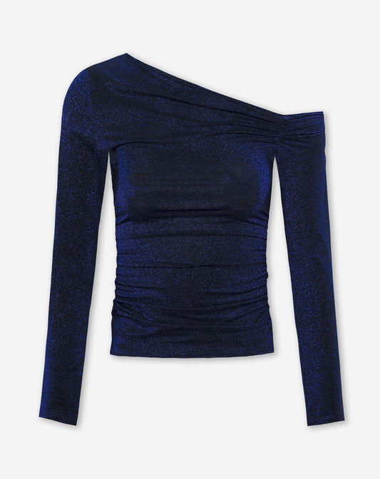 TAMAR GLITTER OFF SHOULDER RUCHED TOP MARINEBLAUW