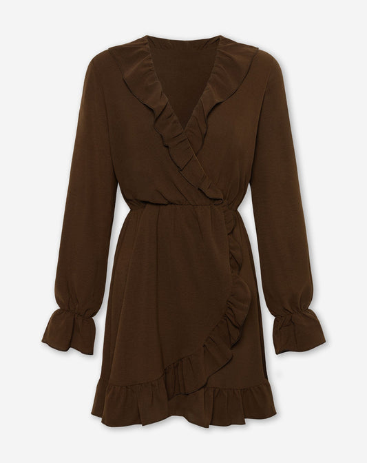 JULIE RUFFLE V-NECK WRAP DRESS BRUIN