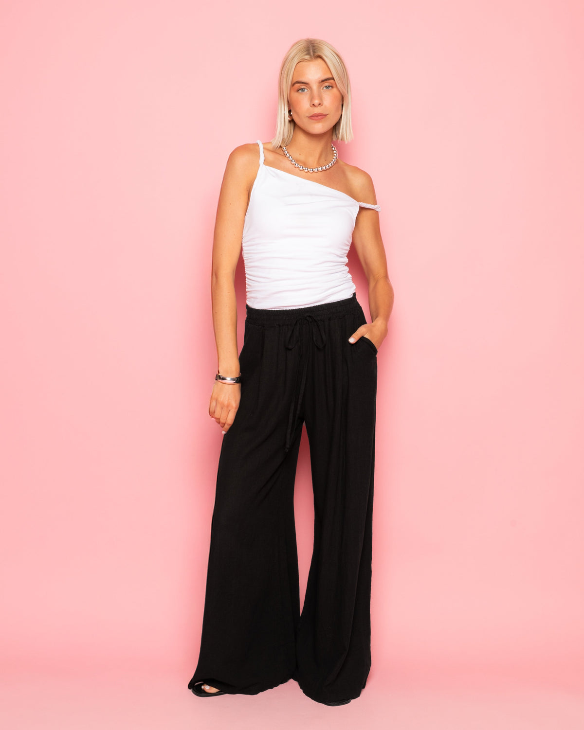 CARMEN LINEN WIDE LEG PANTS ZWART
