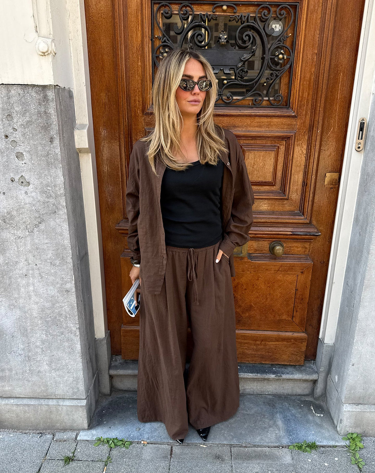 CARMEN LINEN WIDE LEG PANTS BRUIN