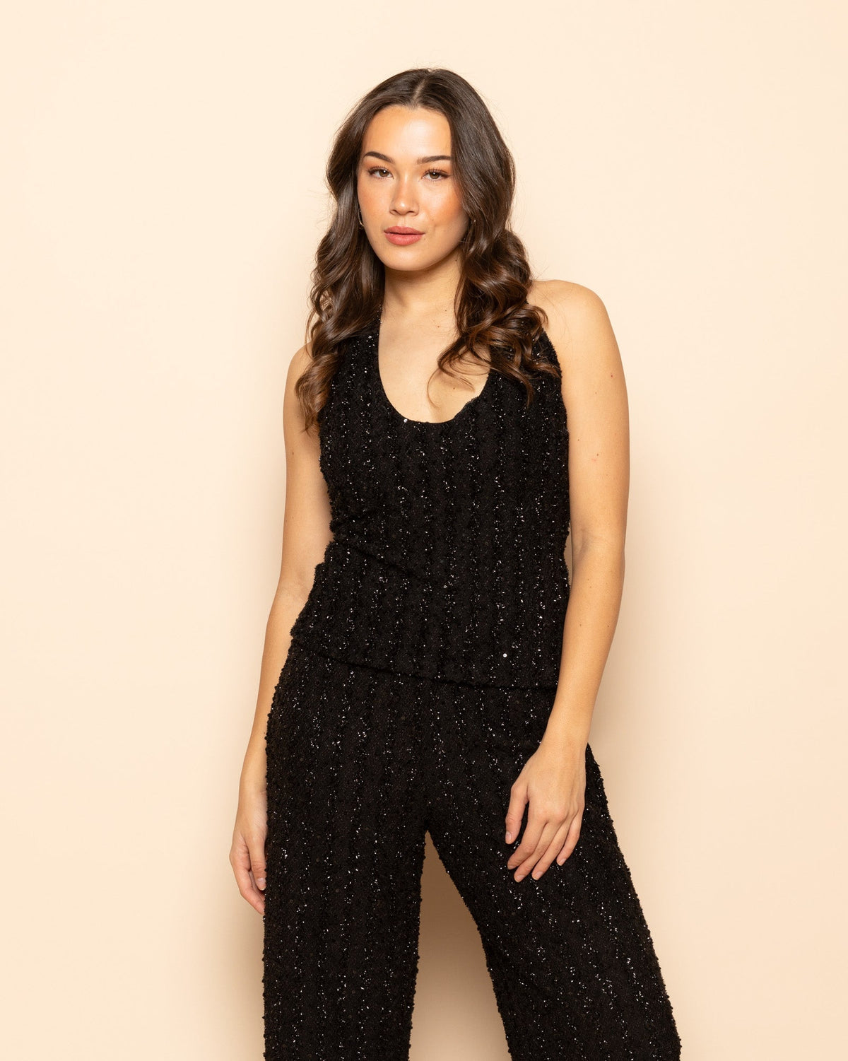 STRETCHY BOUCLE GLITTER HALTER TOP ZWART