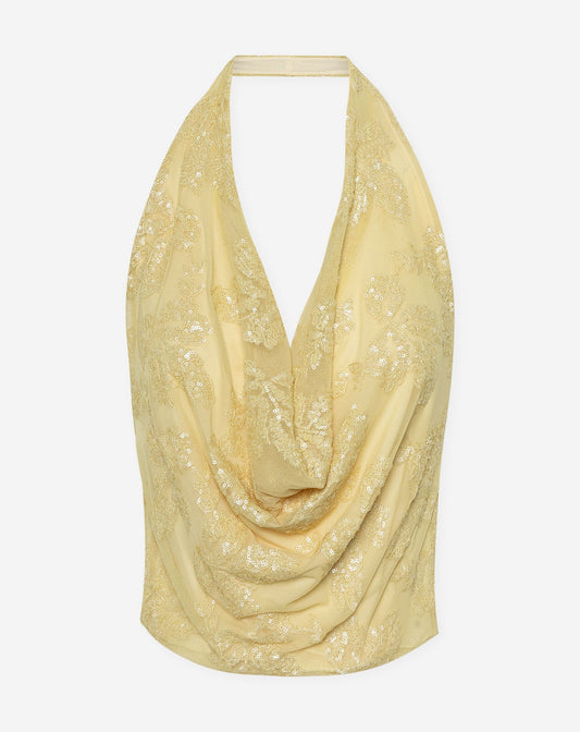 SEQUINS LEAF HALTER TOP BOTERGEEL