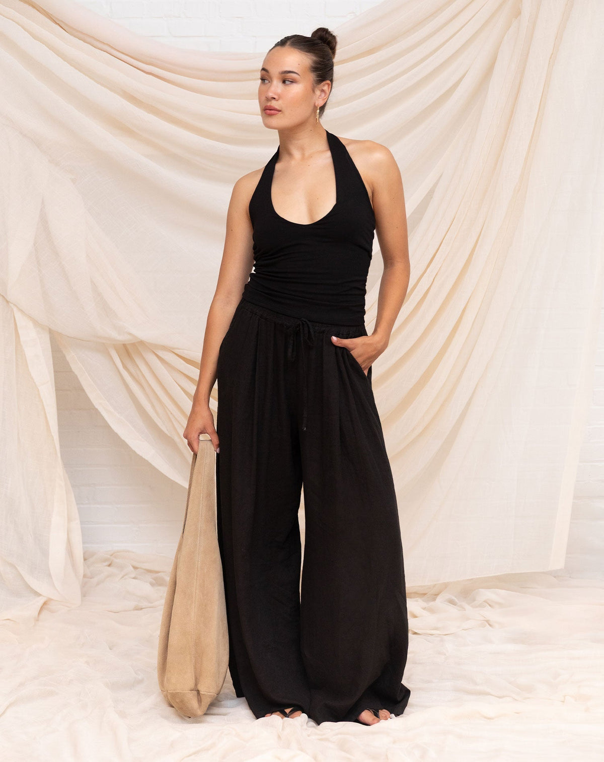 CARMEN LINEN WIDE LEG PANTS ZWART