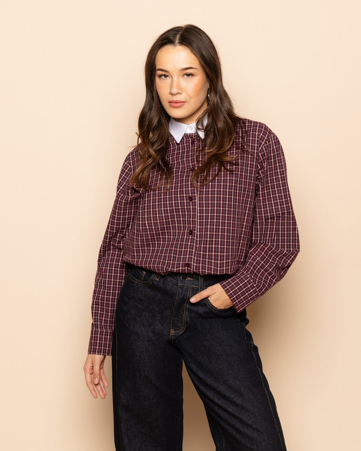 CHECKED CONTRAST COLLAR BLOUSE BURGUNDY