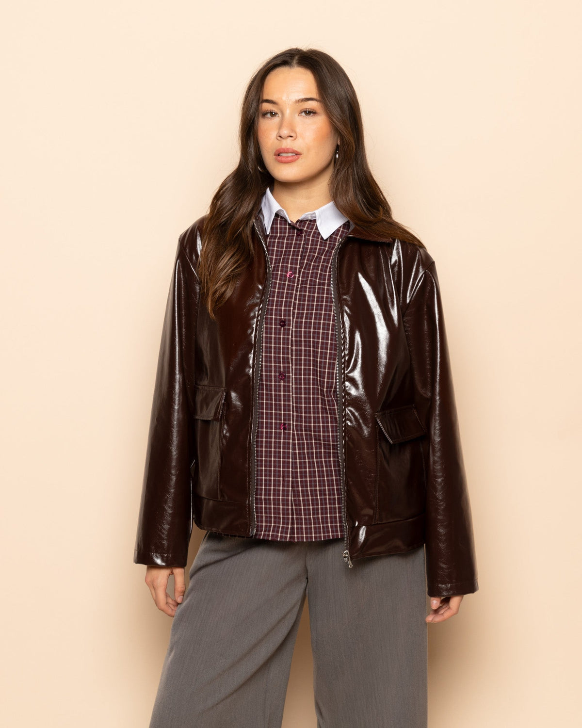 CHECKED CONTRAST COLLAR BLOUSE BURGUNDY