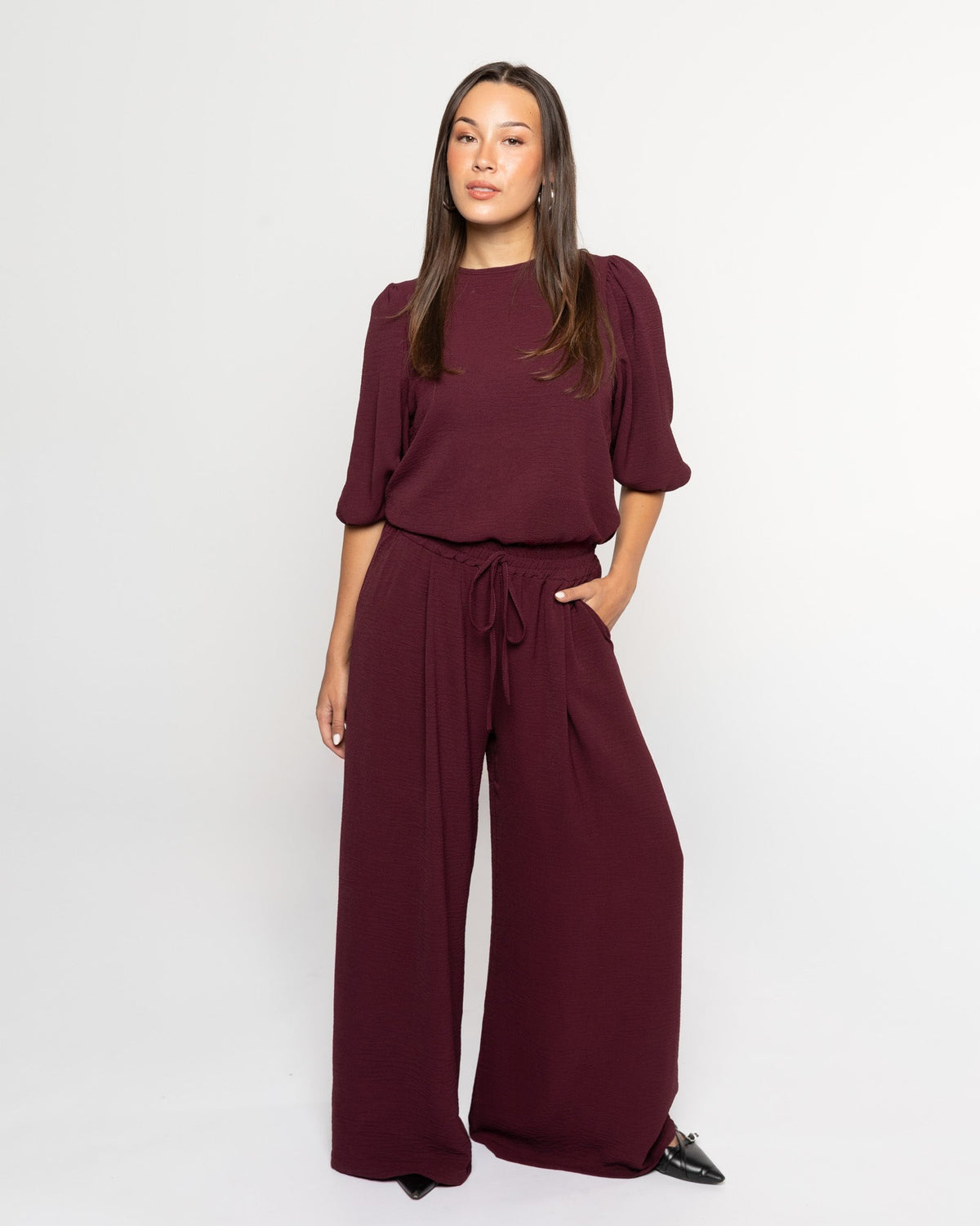 JULIE WIDE LEG PANTALON TALL DONKER BURGUNDY