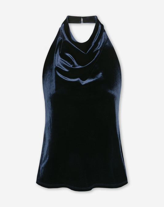 JULIE VELVET HALTER TOP MARINEBLAUW