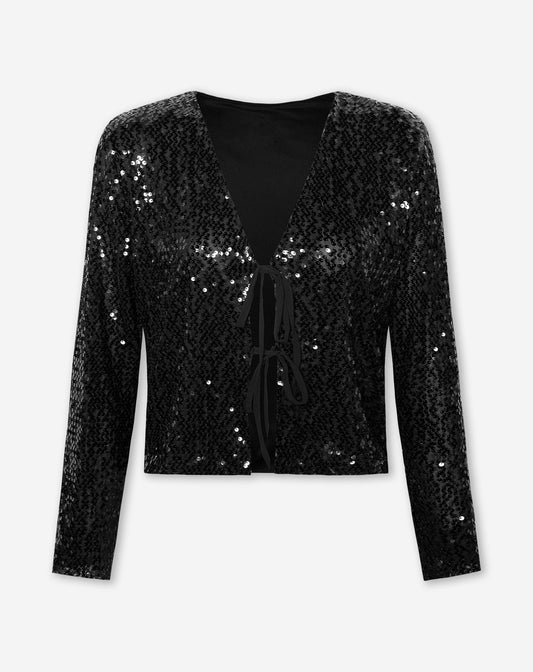 SEQUIN BOWS TOP ZWART