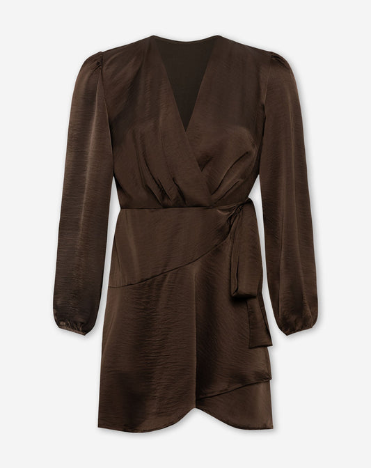 ELINE SATIN CRINKLE WRAP DRESS BRUIN