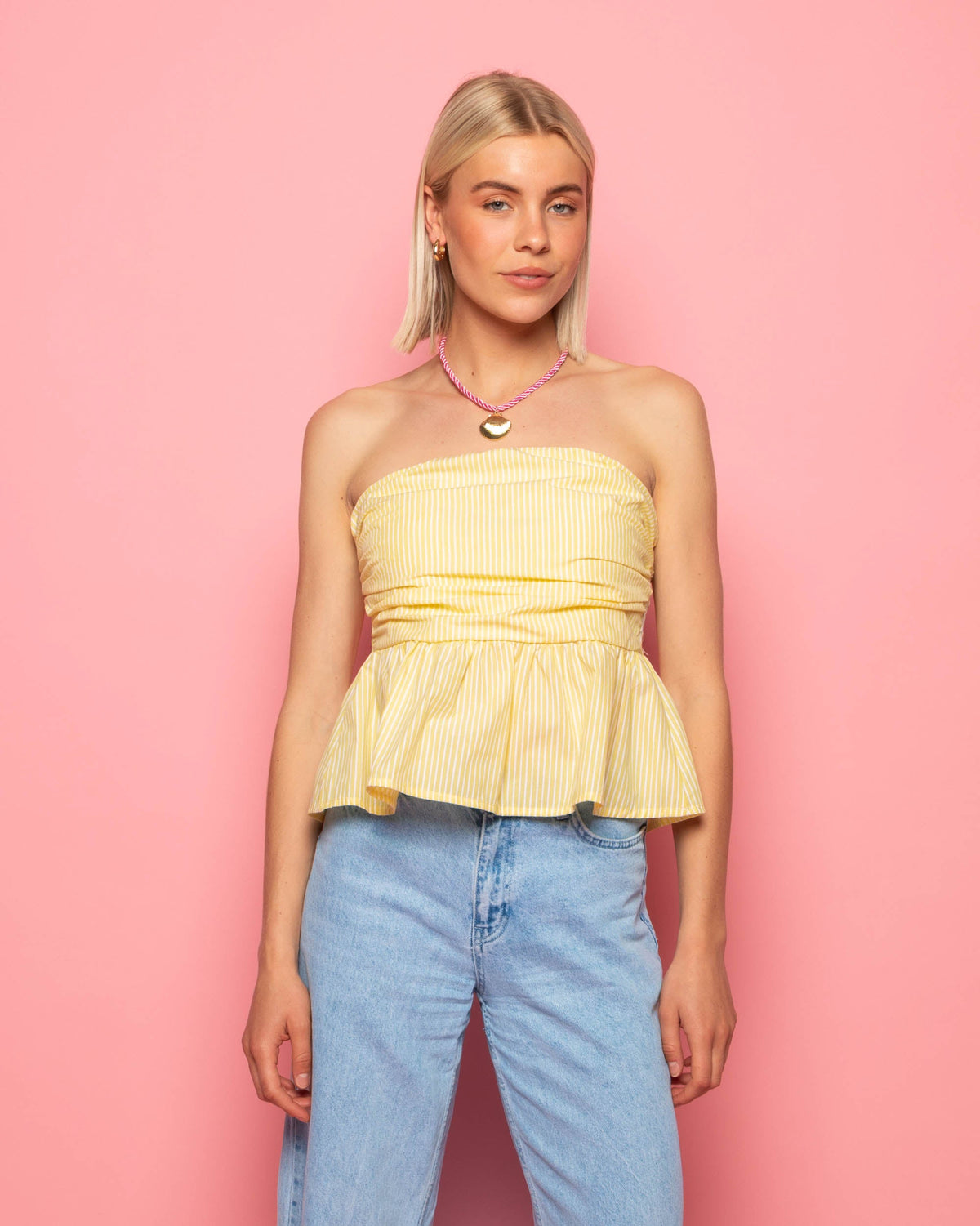 LEIA STRIPE PEPLUM TOP GEEL