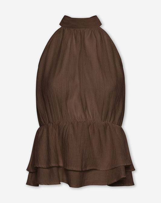 HALLY RUFFLE HALTER TOP BRUIN