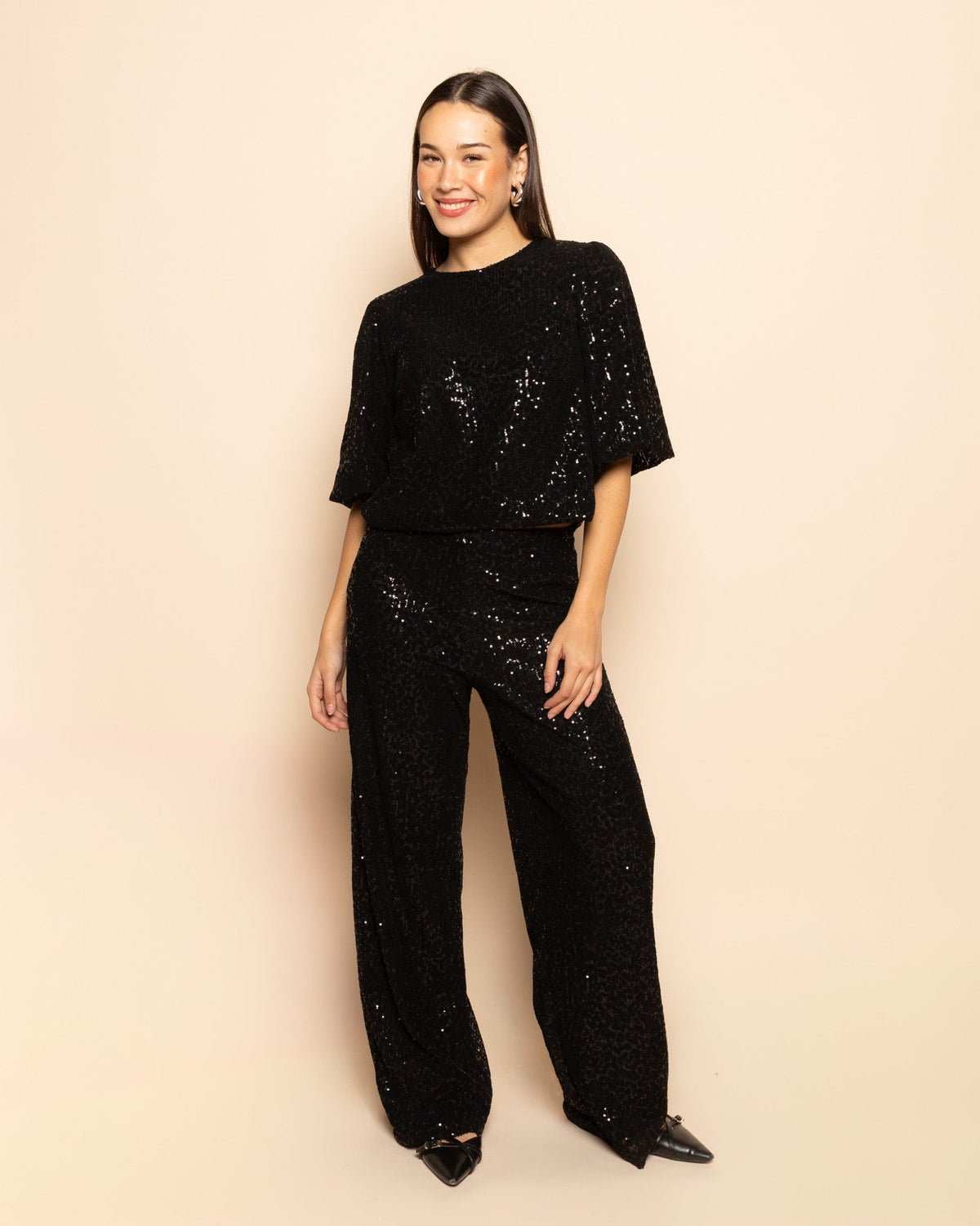 VELVET FLOCK SEQUINS STRAIGHT LEG PANTS ZWART