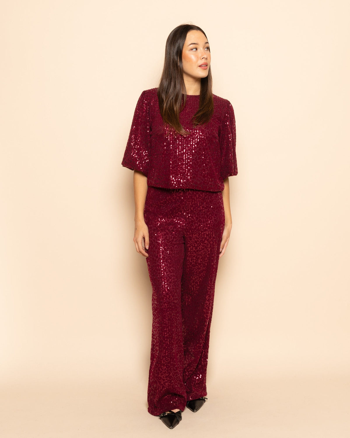 VELVET FLOCK SEQUINS STRAIGHT LEG PANTS BURGUNDY