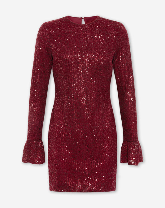 VELVET FLOCK SEQUINS DRESS BURGUNDY