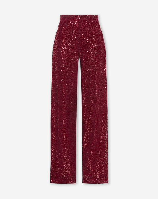 VELVET FLOCK SEQUINS STRAIGHT LEG PANTS BURGUNDY