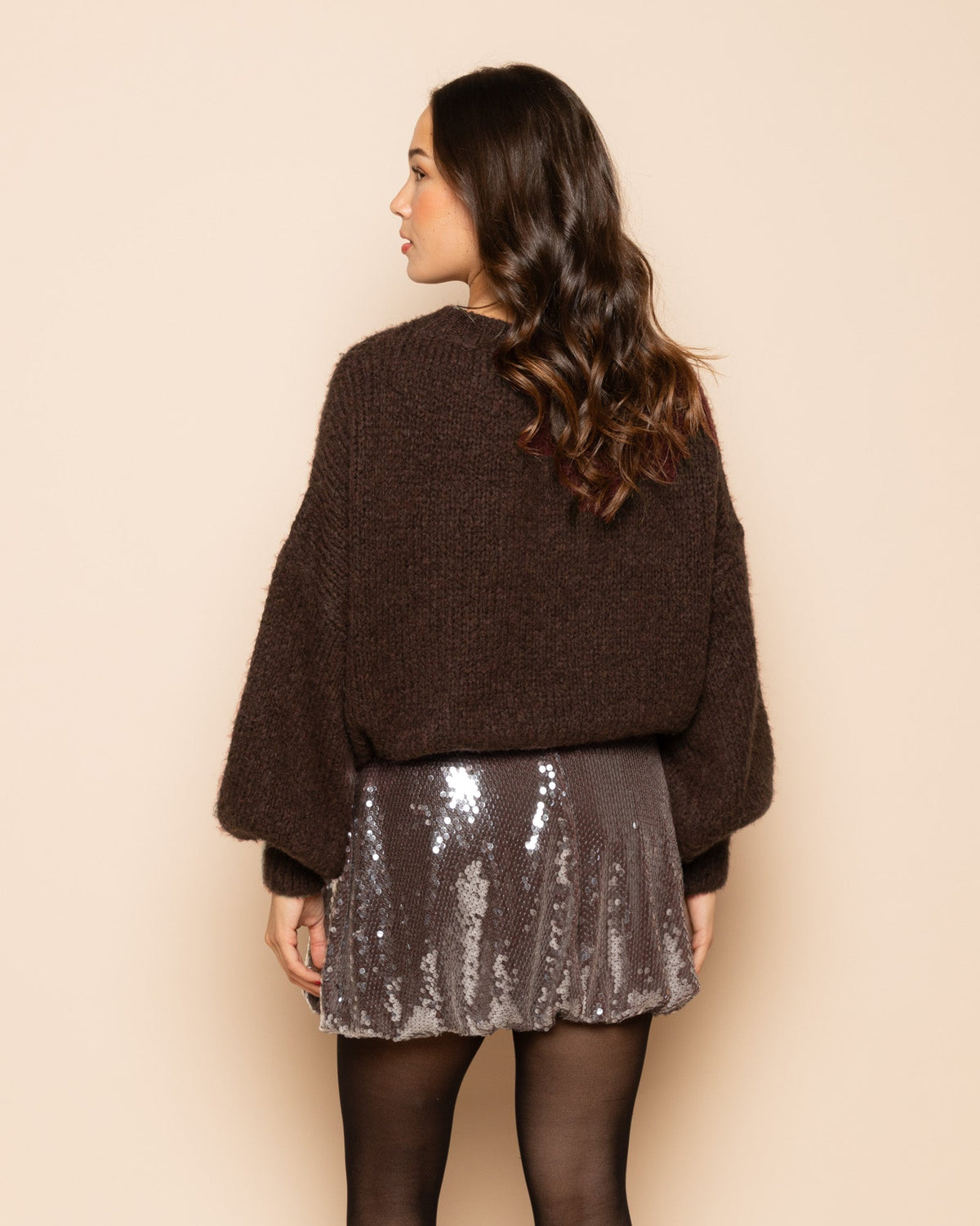 TRANSPARENT SEQUINS BUBBLE HEM SKIRT BRUIN