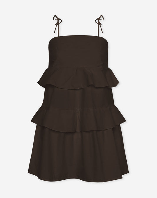 ROAMY POPLIN RUFFLE DRESS BRUIN