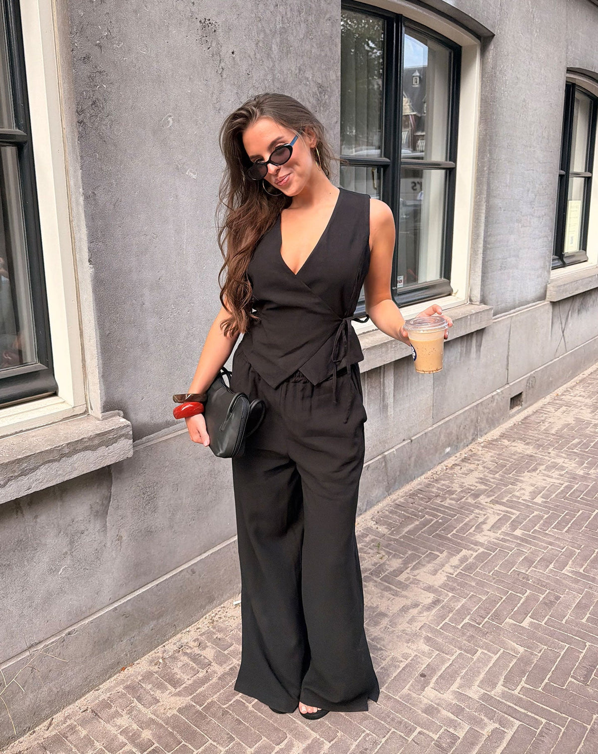 DAVINA VISCOSE SLIT PANTS ZWART