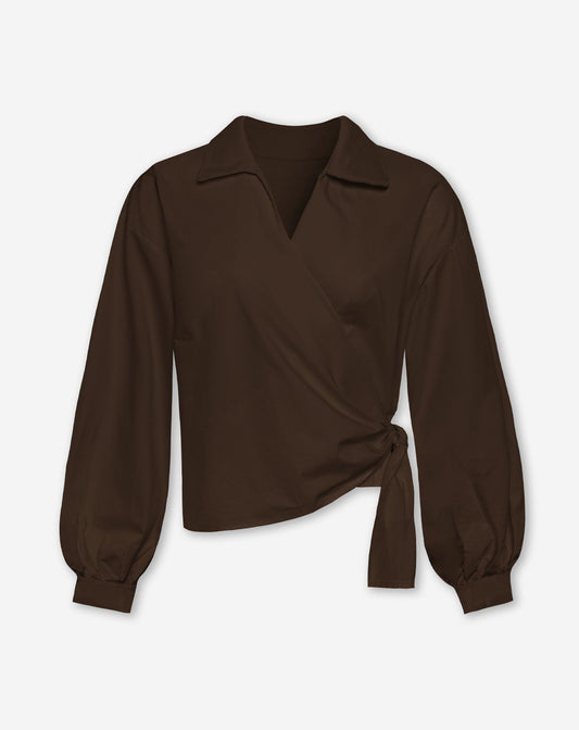 POPLIN WRAP KNOT BLOUSE BRUIN