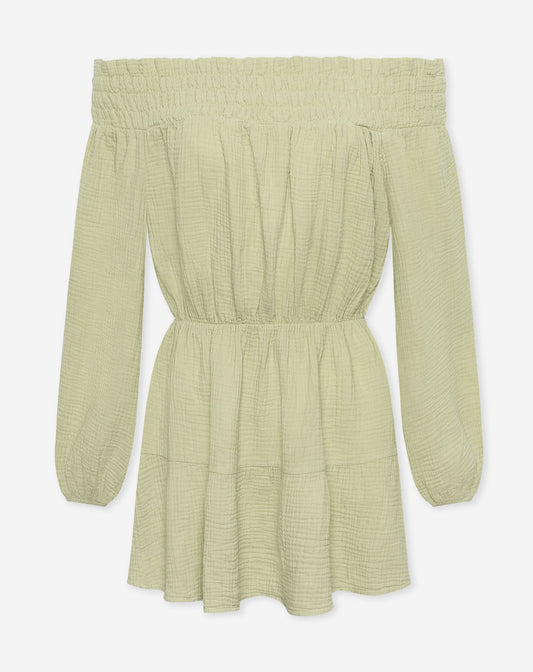 MOUSSELINE OFF SHOULDER DRESS LICHT OLIJFGROEN