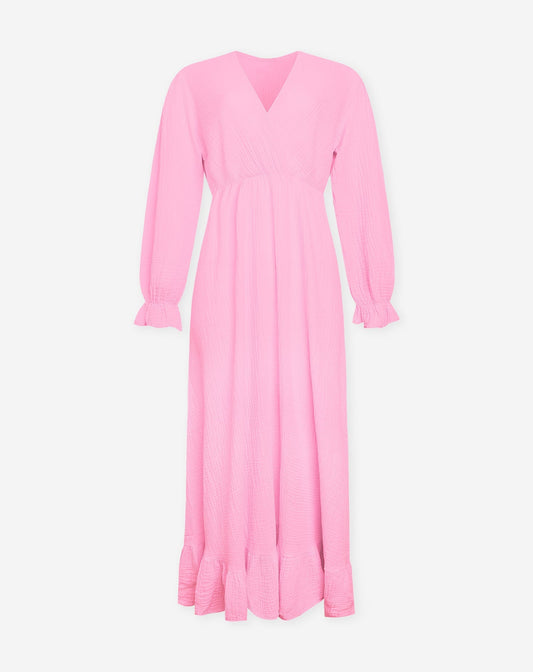 MOUSSELINE MAXI RUFFLE DRESS HARD ROZE