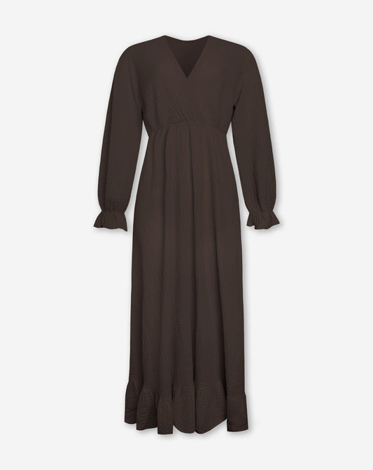 MOUSSELINE MAXI RUFFLE DRESS BRUIN