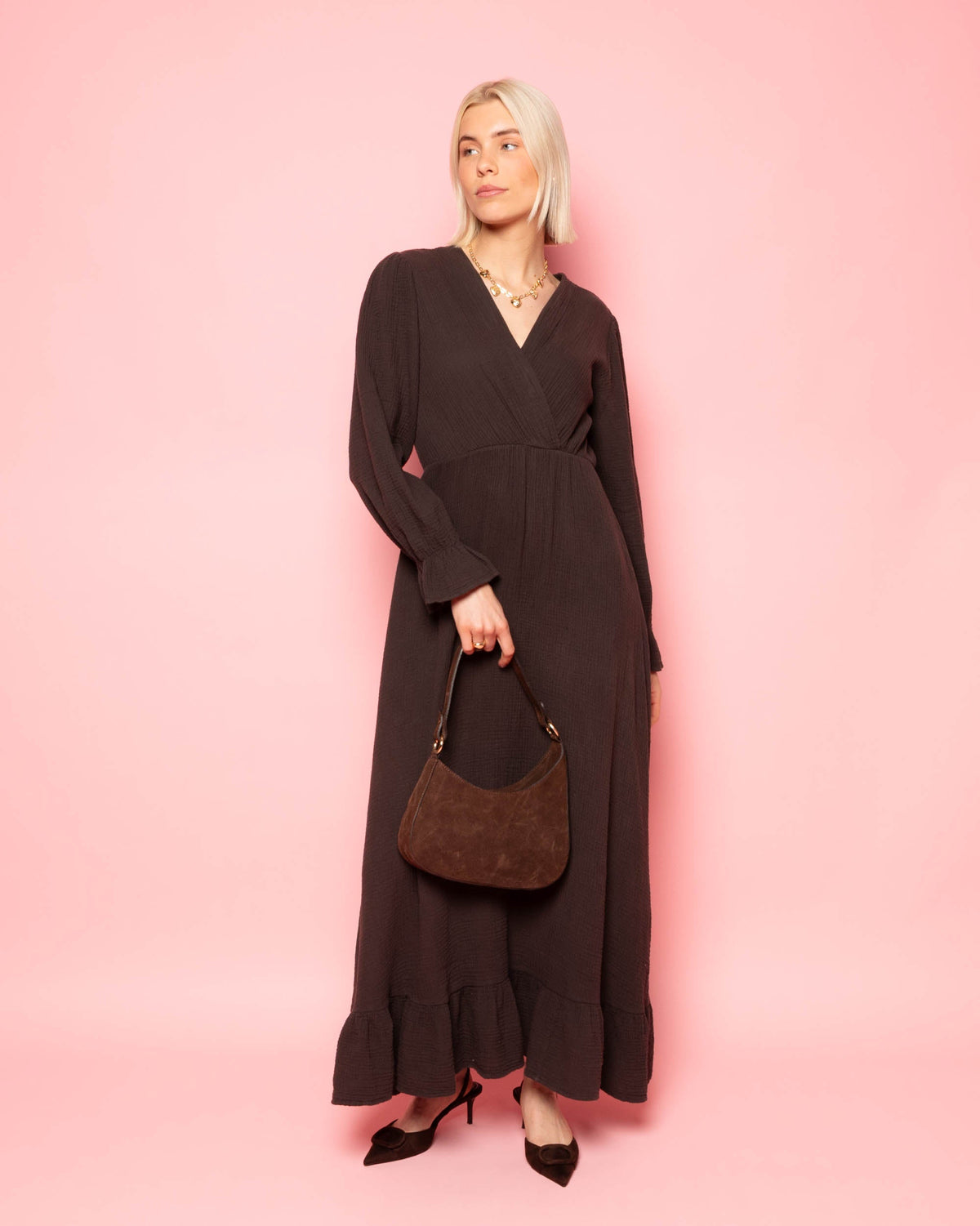 MOUSSELINE MAXI RUFFLE DRESS BRUIN