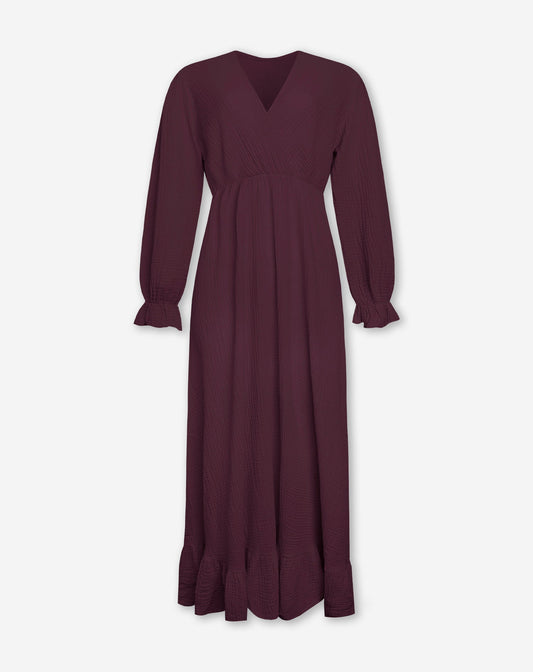 MOUSSELINE MAXI RUFFLE DRESS DONKER BURGUNDY