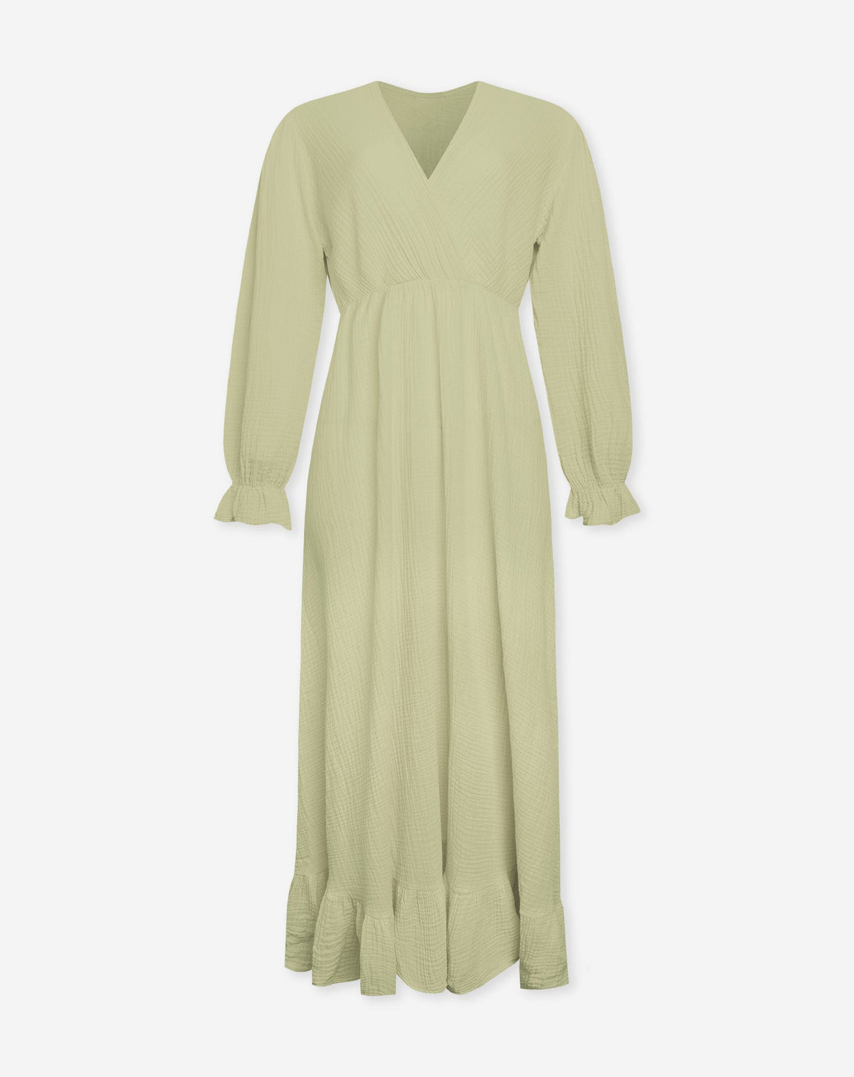 MOUSSELINE MAXI RUFFLE DRESS LICHT OLIJFGROEN