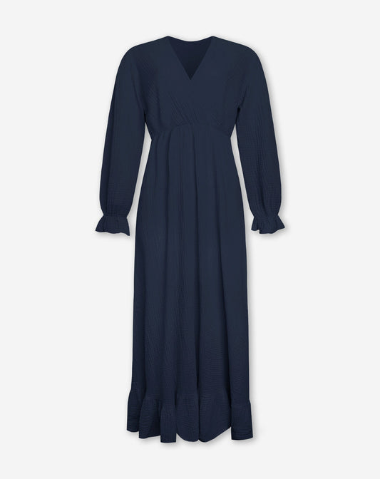 MOUSSELINE MAXI RUFFLE DRESS MARINEBLAUW
