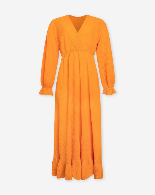 MOUSSELINE MAXI RUFFLE DRESS ORANJE