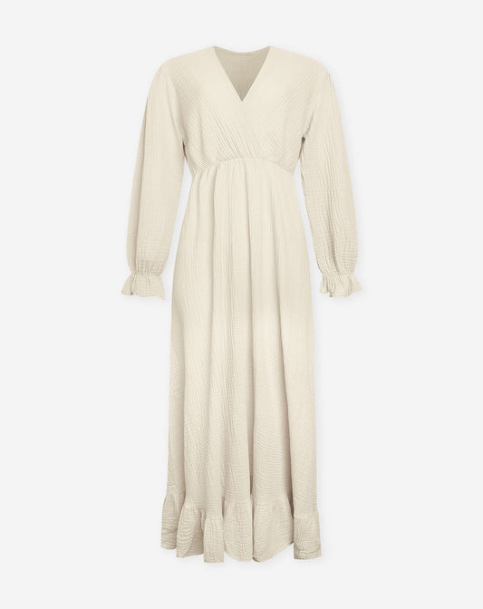 MOUSSELINE MAXI RUFFLE DRESS ZAND