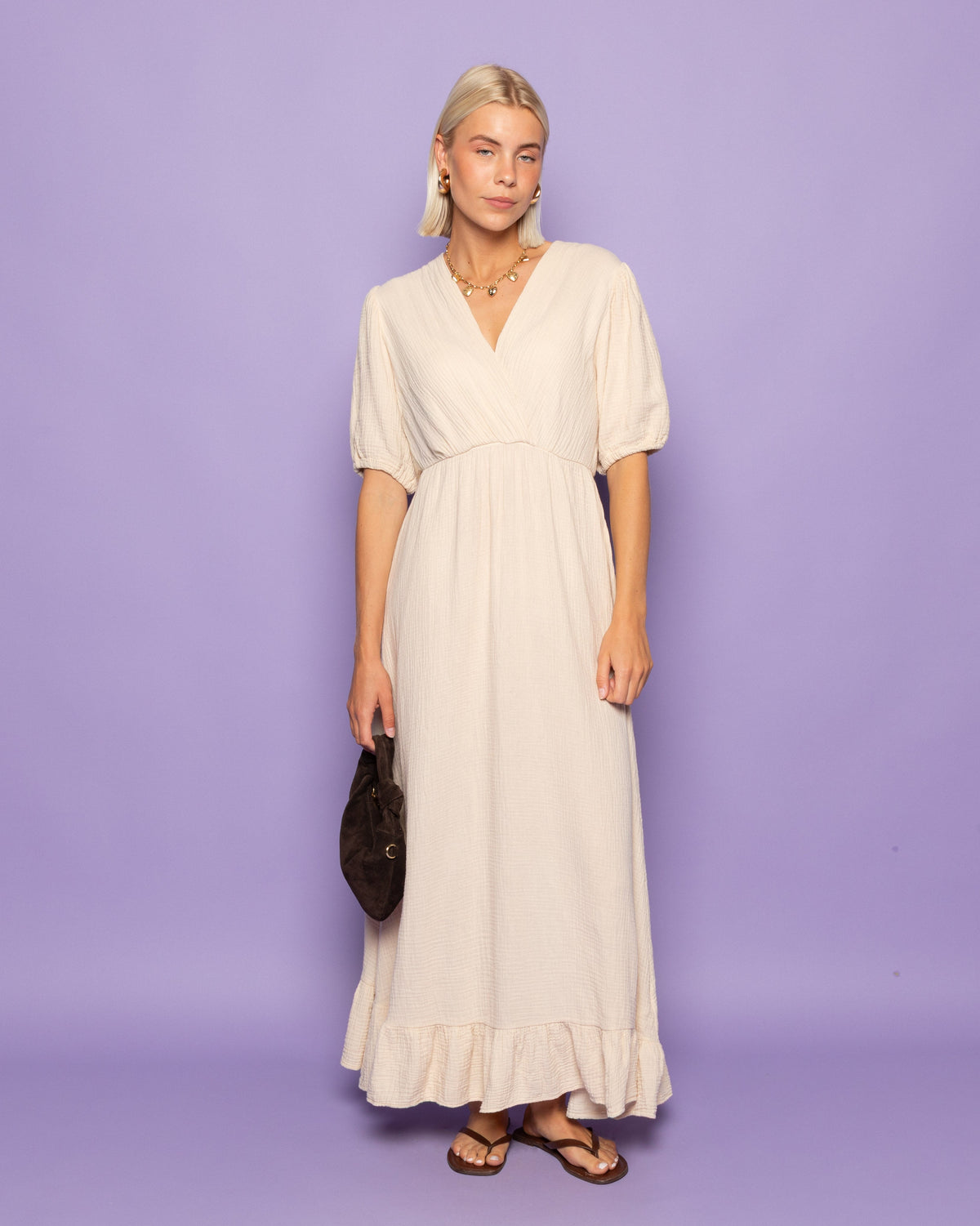MOUSSELINE MAXI SHORT SLEEVE DRESS ZAND