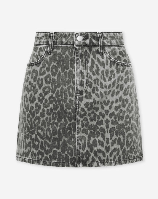 LEOPARD ALLOVER DENIM SKIRT GRIJS