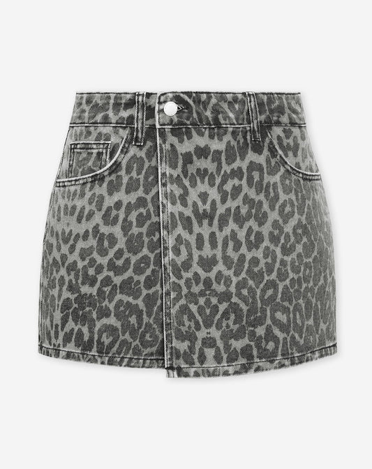 LEOPARD ALLOVER DENIM SKORT GRIJS