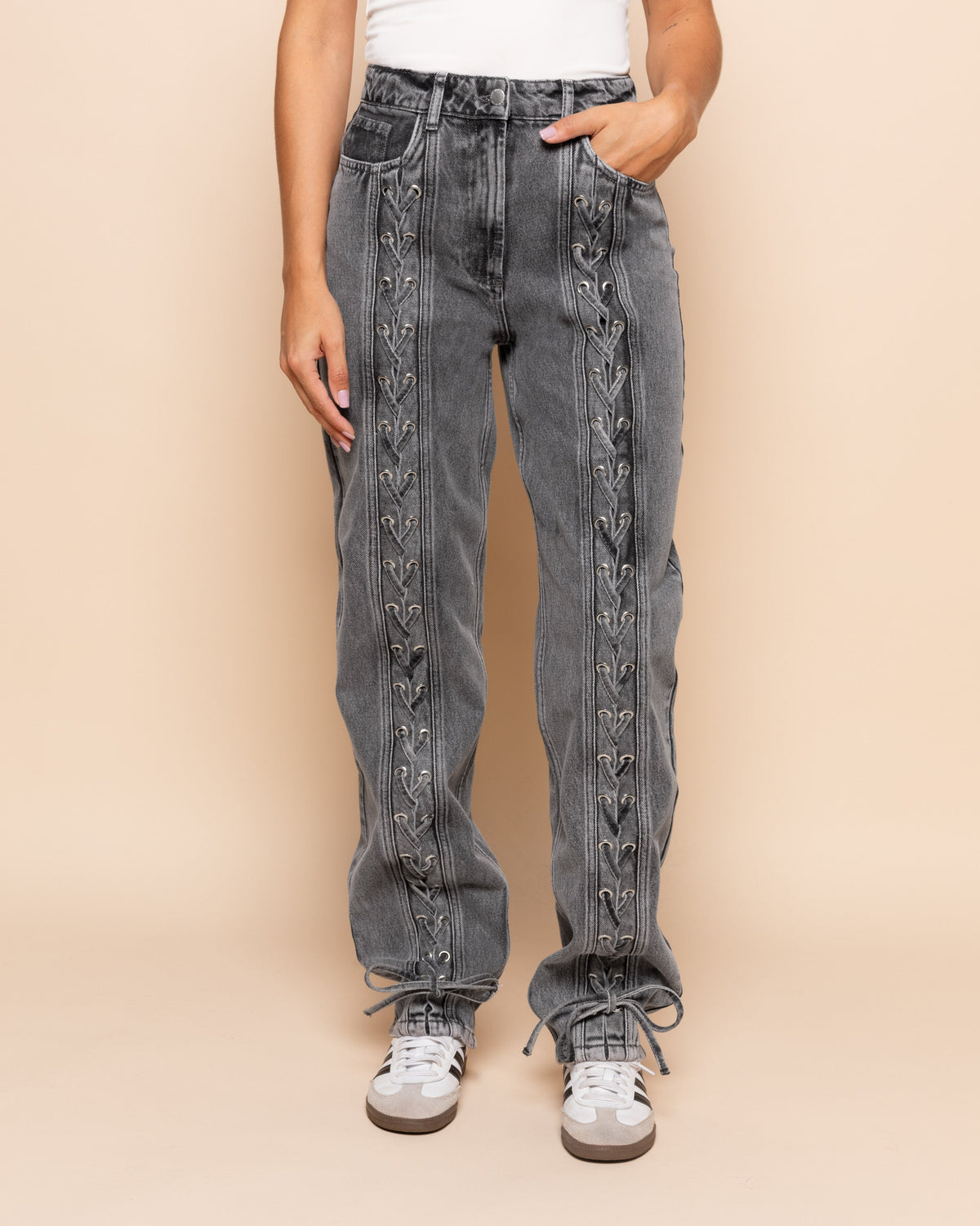 LACE UP JEANS GRIJS