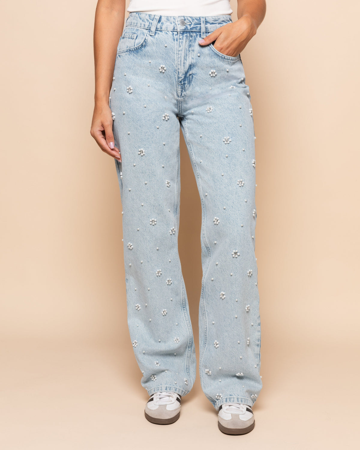 FLOWER PEARL JEANS LICHTBLAUW