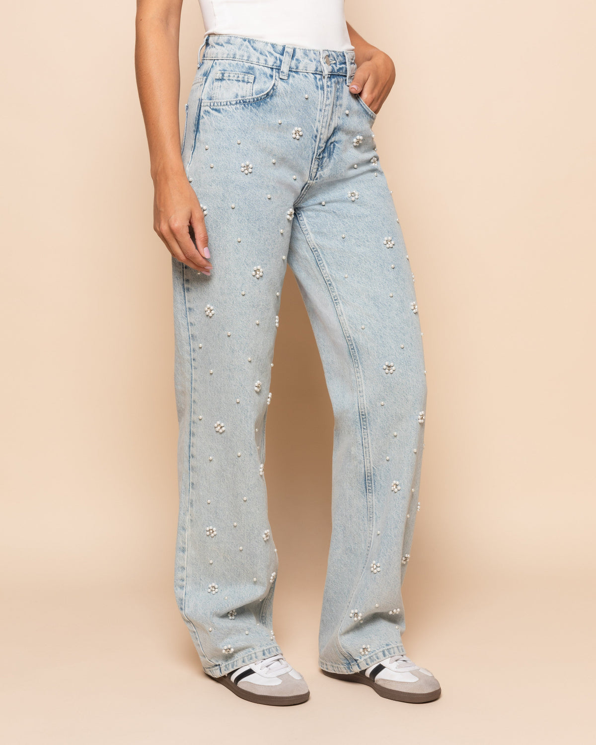 FLOWER PEARL JEANS LICHTBLAUW