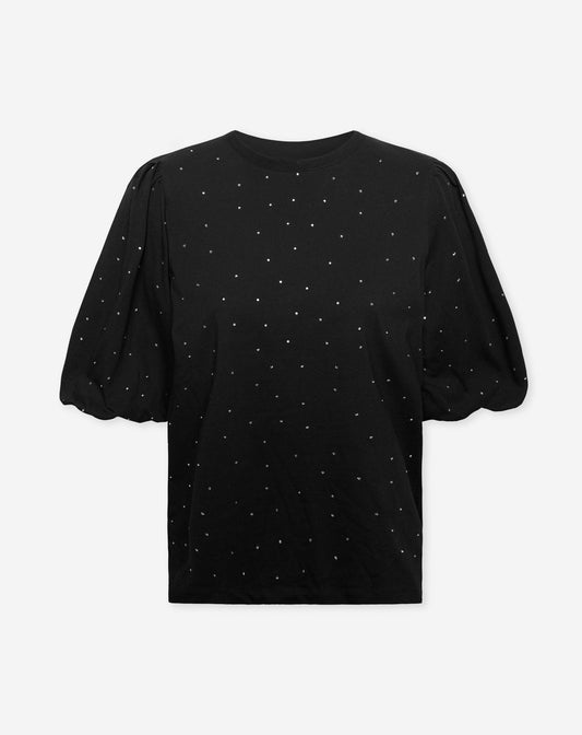 PUFF SLEEVE RHINESTONE TEE ZWART