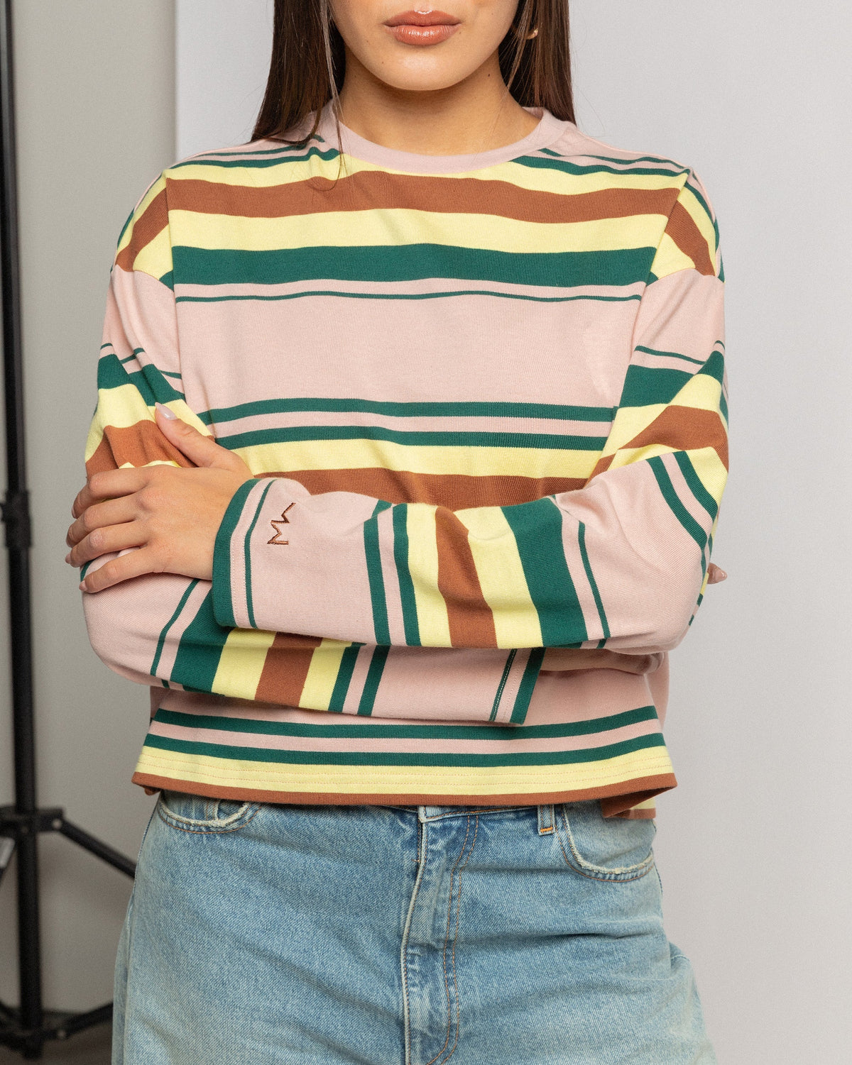 LAINA STRIPED LONG SLEEVE CROPPED TEE ROZE