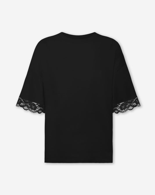 LACE SLEEVE OVERSIZED TEE ZWART