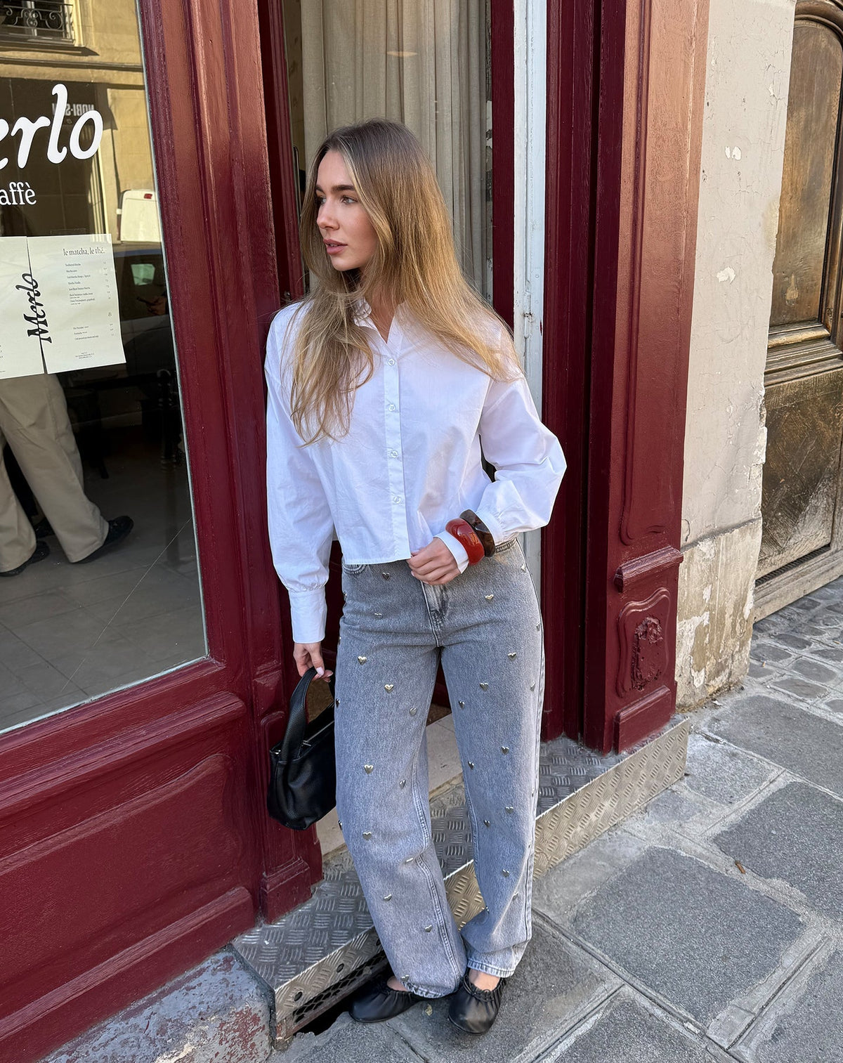 HEART STUD STRAIGHT LEG JEANS GRIJS