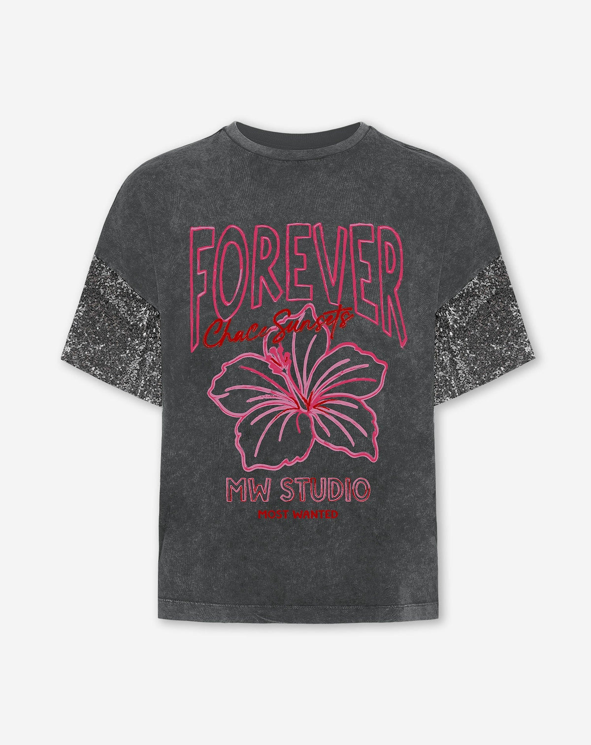 FOREVER SEQUIN SLEEVE OVERSIZED TEE ACID GRIJS