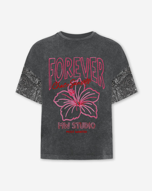 FOREVER SEQUIN SLEEVE OVERSIZED TEE ACID GRIJS