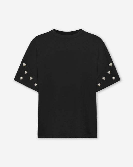 HEART STUD SLEEVE OVERSIZED TEE ZWART